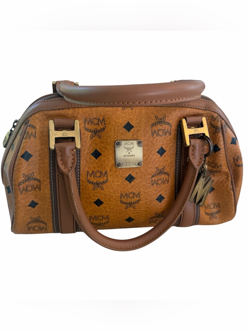 MCM VISETOS SIGNATURE LEATHER COGNAC SATCHEL